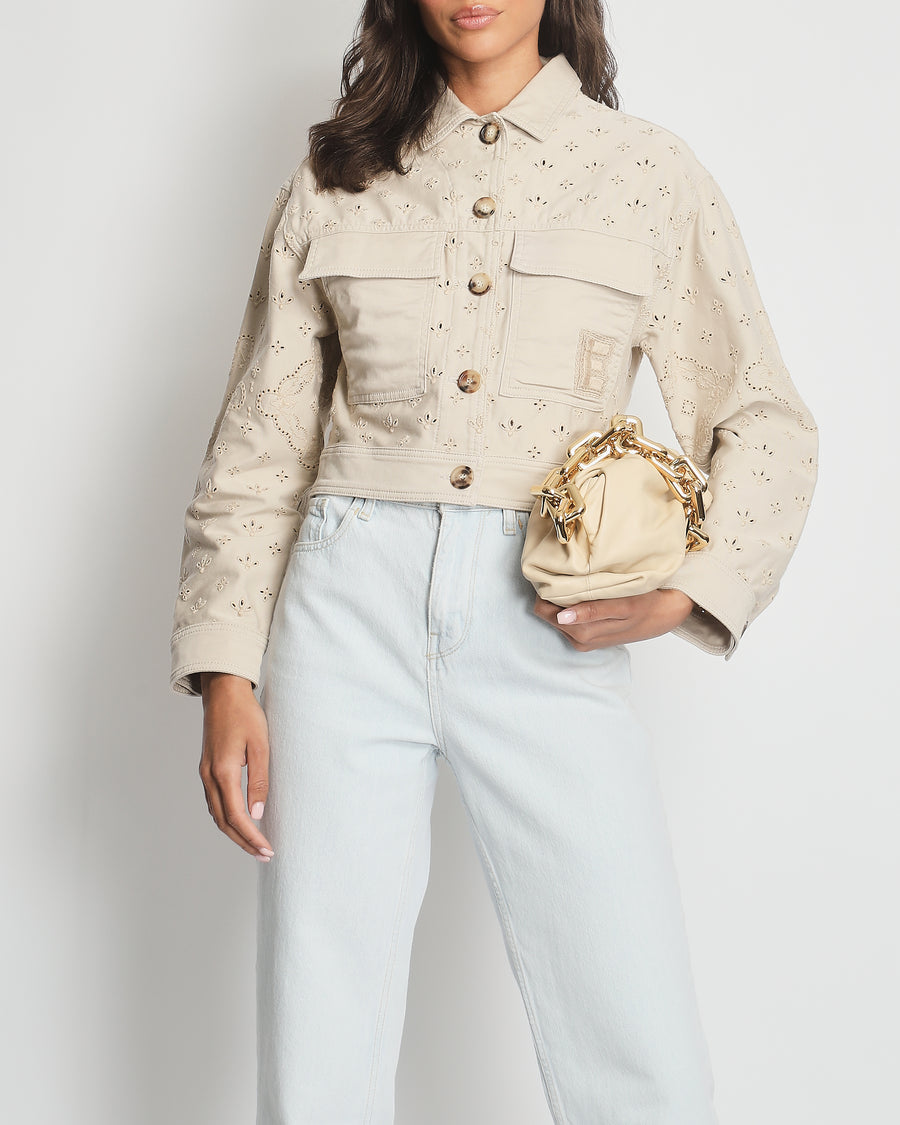 Ermanno Scervino Beige Cropped Embroidered Jacket with Logo Detail Size IT 40 (UK 8)