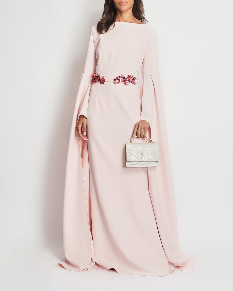 *WEDDING DRESS* Safıyla Pastel Pink Long Split Sleeve Ball Gown Long Dress with Embellished Belt Detailing FR 46 (UK 18)