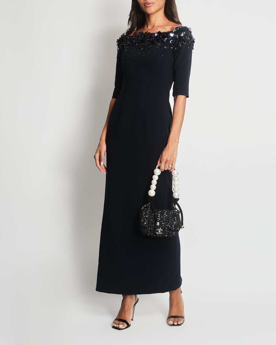 *WEDDING DRESS* Carolina Herrera Navy Midi Dress with Embellished Flore Sequin Detail Size 0 (UK 4)