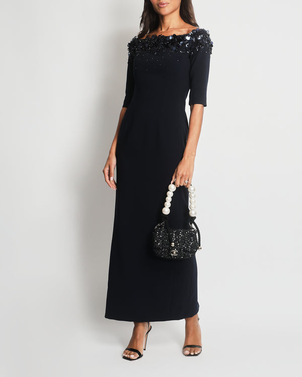 *WEDDING DRESS* Carolina Herrera Navy Midi Dress with Embellished Flore Sequin Detail Size 0 (UK 4)