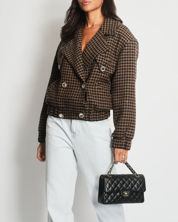 Alessandra Rich Brown Checked Oversized Jacket with Crystal Buttons IT 38 (UK 6)