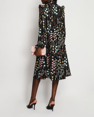 Valentino Black Pleated Floral Print Wool-Silk Blend Crepe Dress IT 42 (UK 10)