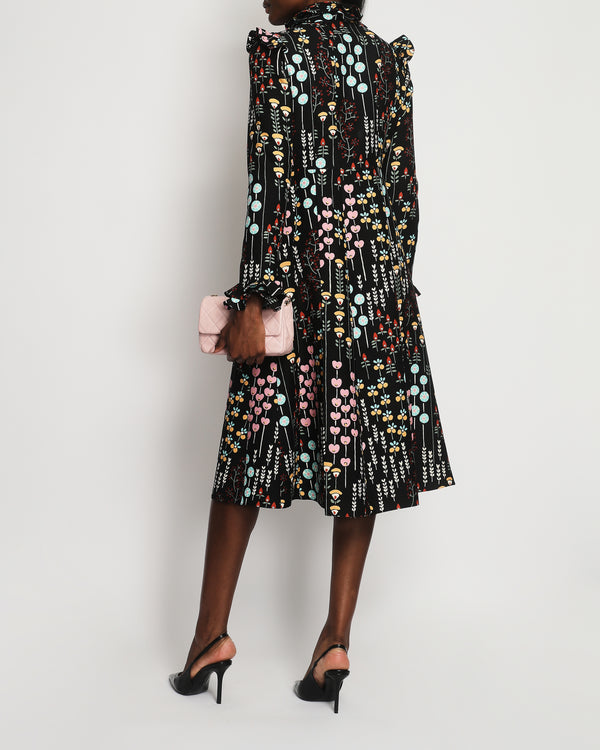 Valentino Black Pleated Floral Print Wool-Silk Blend Crepe Dress IT 42 (UK 10)