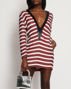 *HOT* Saint Laurent Red, White & Black Sequin Striped Dress with Shoulder Pad Detail Size FR 36 (UK 8)