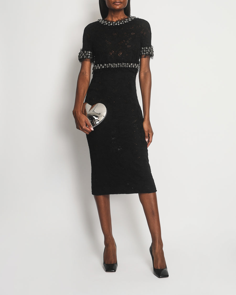 Chanel Black Lace Midi Dress with Short Sleeves and Silver Net and Diamante Detail Size FR 38 (UK 10)