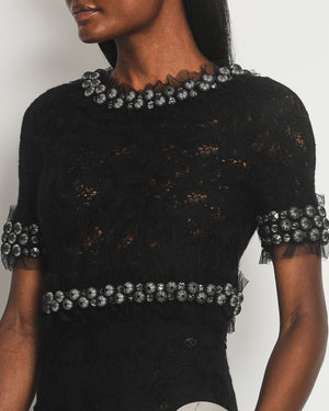 Chanel Black Lace Midi Dress with Short Sleeves and Silver Net and Diamante Detail Size FR 38 (UK 10)