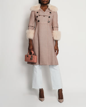 Christian Dior Dusty Pink Checked Long Coat with Fox Fur Detail FR 38 (UK 10)