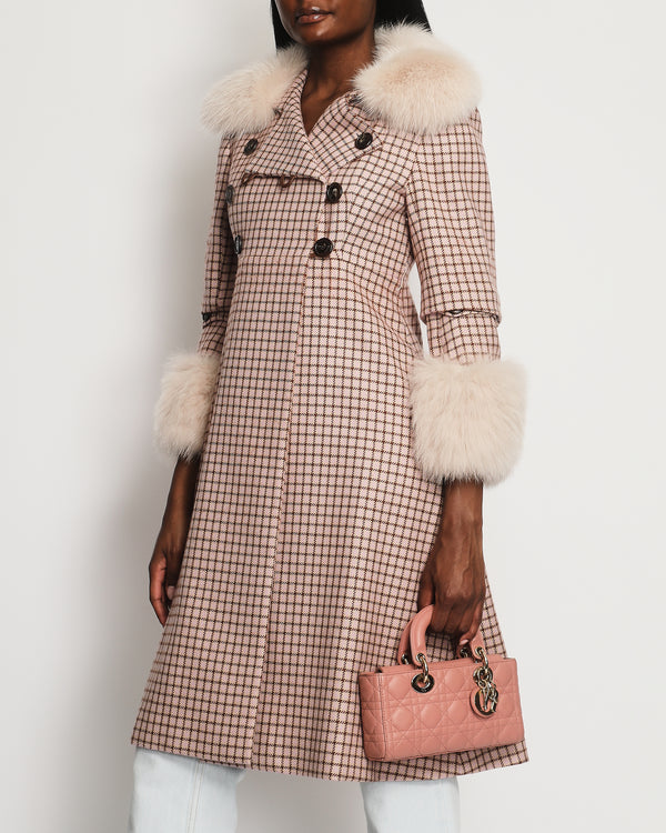 Christian Dior Dusty Pink Checked Long Coat with Fox Fur Detail FR 38 (UK 10)