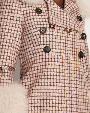 Christian Dior Dusty Pink Checked Long Coat with Fox Fur Detail FR 38 (UK 10)