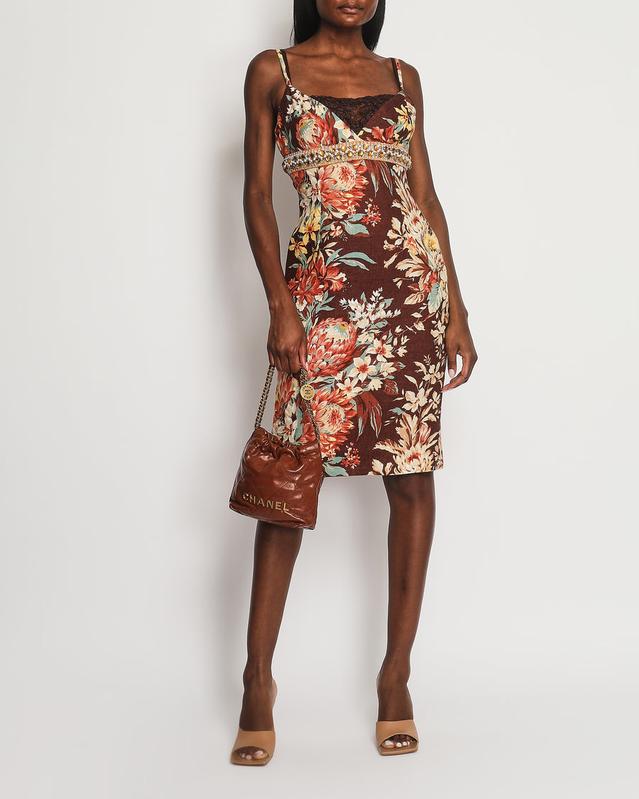 Dolce & Gabbana Brown, Orange Yellow Floral  Printed Midi Dress with Embellished Waistline Detail Size IT 44 (UK 12)