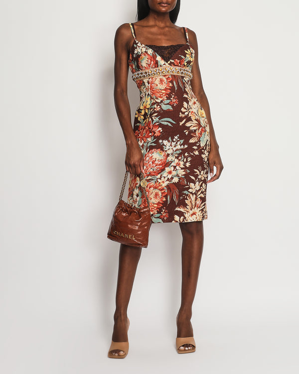 Dolce & Gabbana Brown, Orange Yellow Floral  Printed Midi Dress with Embellished Waistline Detail Size IT 44 (UK 12)