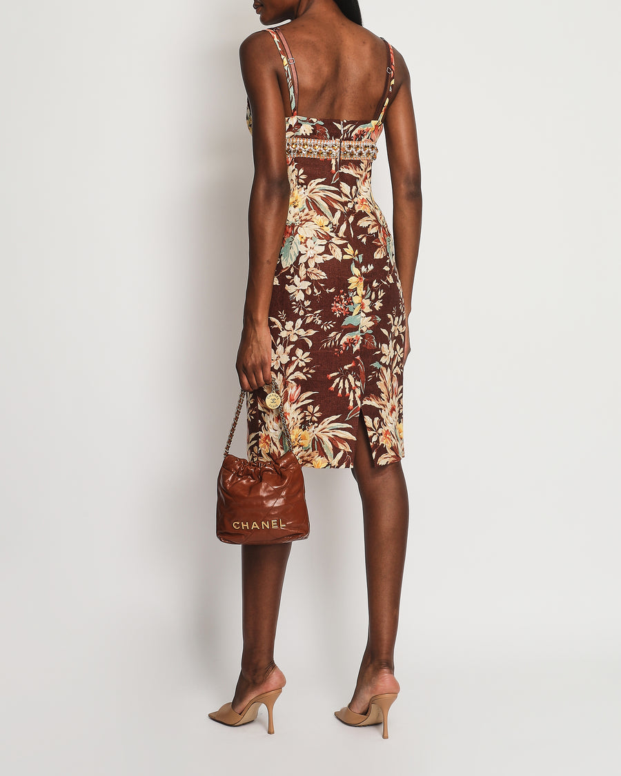 Dolce & Gabbana Brown, Orange Yellow Floral  Printed Midi Dress with Embellished Waistline Detail Size IT 44 (UK 12)