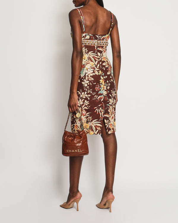 Dolce & Gabbana Brown, Orange Yellow Floral  Printed Midi Dress with Embellished Waistline Detail Size IT 44 (UK 12)