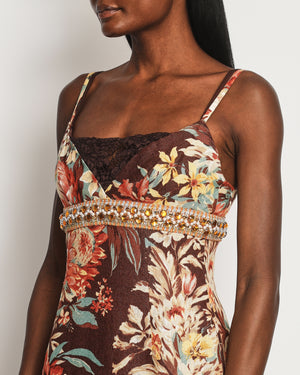 Dolce & Gabbana Brown, Orange Yellow Floral  Printed Midi Dress with Embellished Waistline Detail Size IT 44 (UK 12)