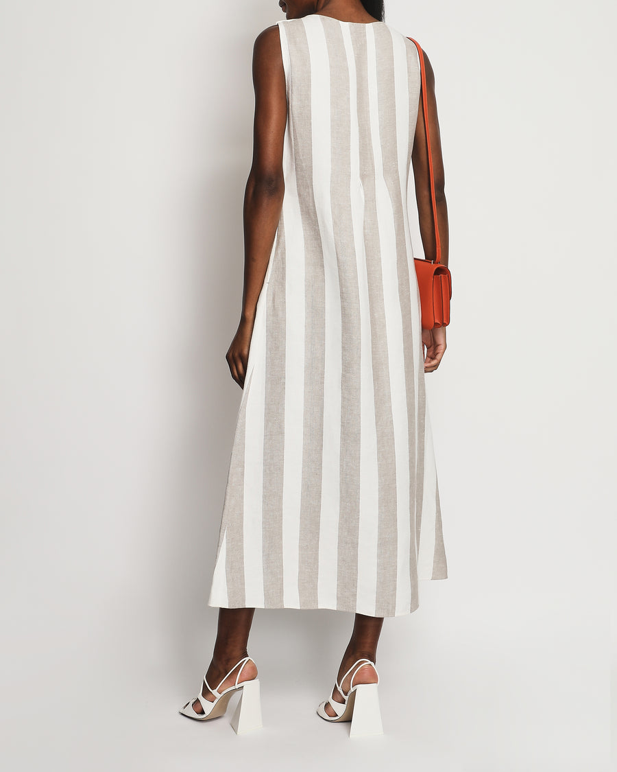 Loro Piana White Grey Stripe Linen Sleeveless Maxi Dress Size FR 42 ( UK 14)