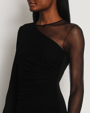 Balmain Black Mini Draped Dress with Mesh Sleeve Detail Size FR 38 (UK 10)