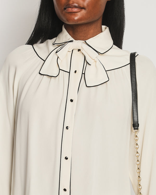 Valentino Cream Long-Sleeve Blouse with Navy Detail and Bow Size IT 42 (UK 10)