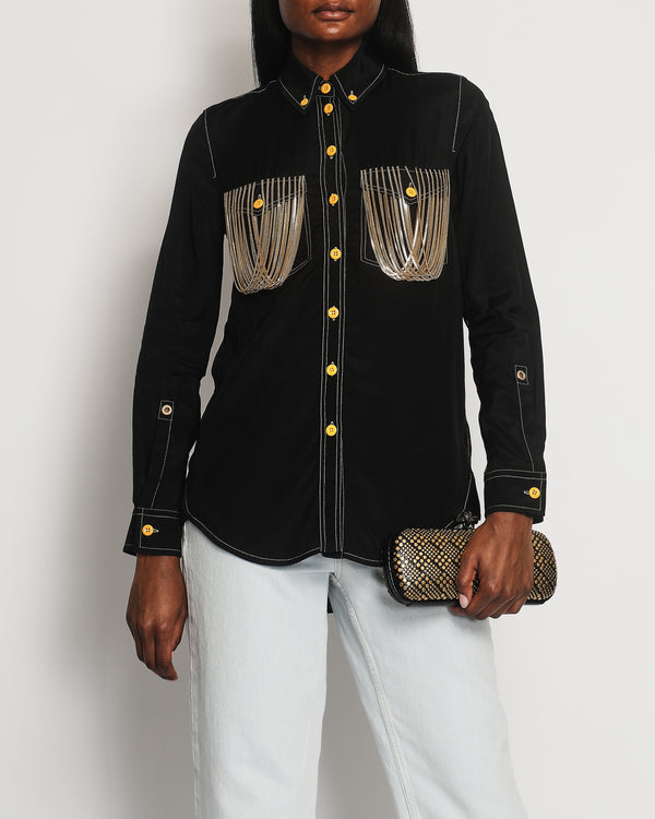 Burberry Black Satin Shirt with Gold Chain Embellishment on the Chest Pockets and Yellow Buttons Size UK 4