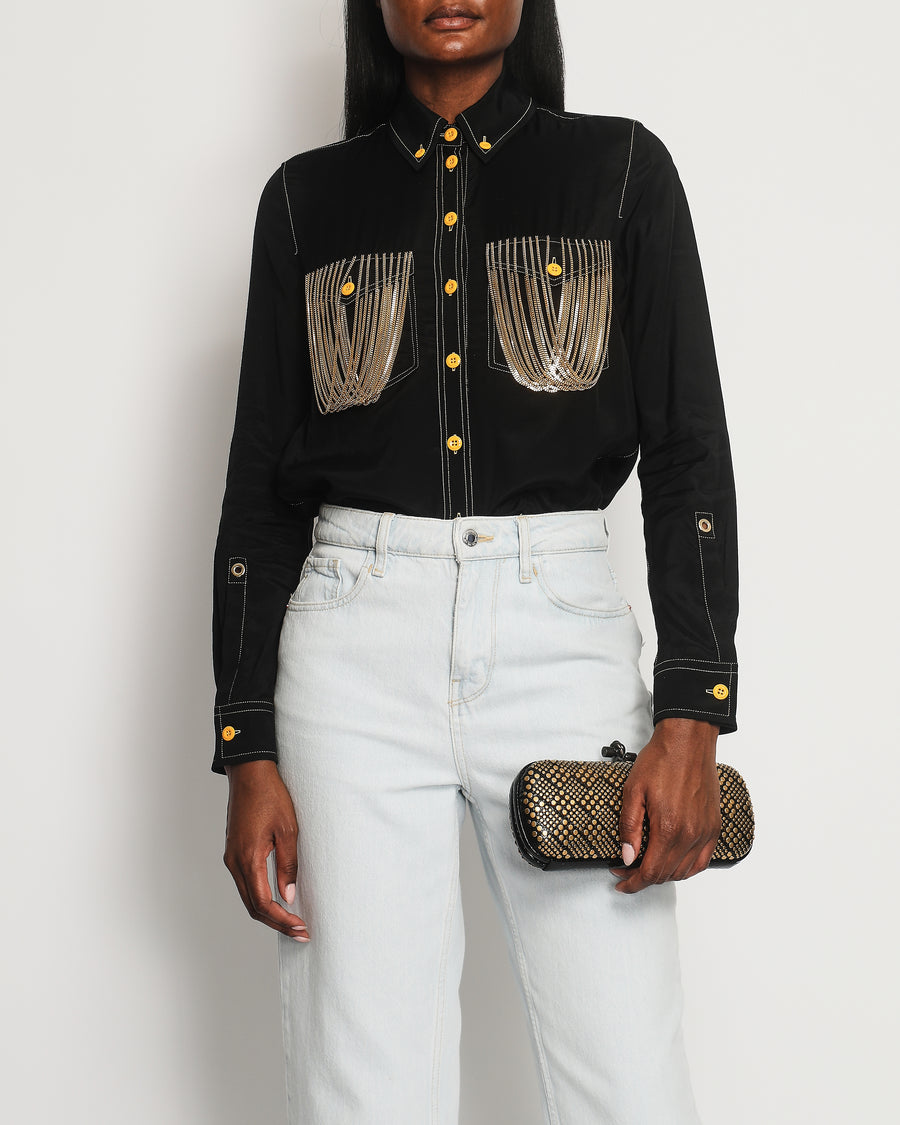 Burberry Black Satin Shirt with Gold Chain Embellishment on the Chest Pockets and Yellow Buttons Size UK 4