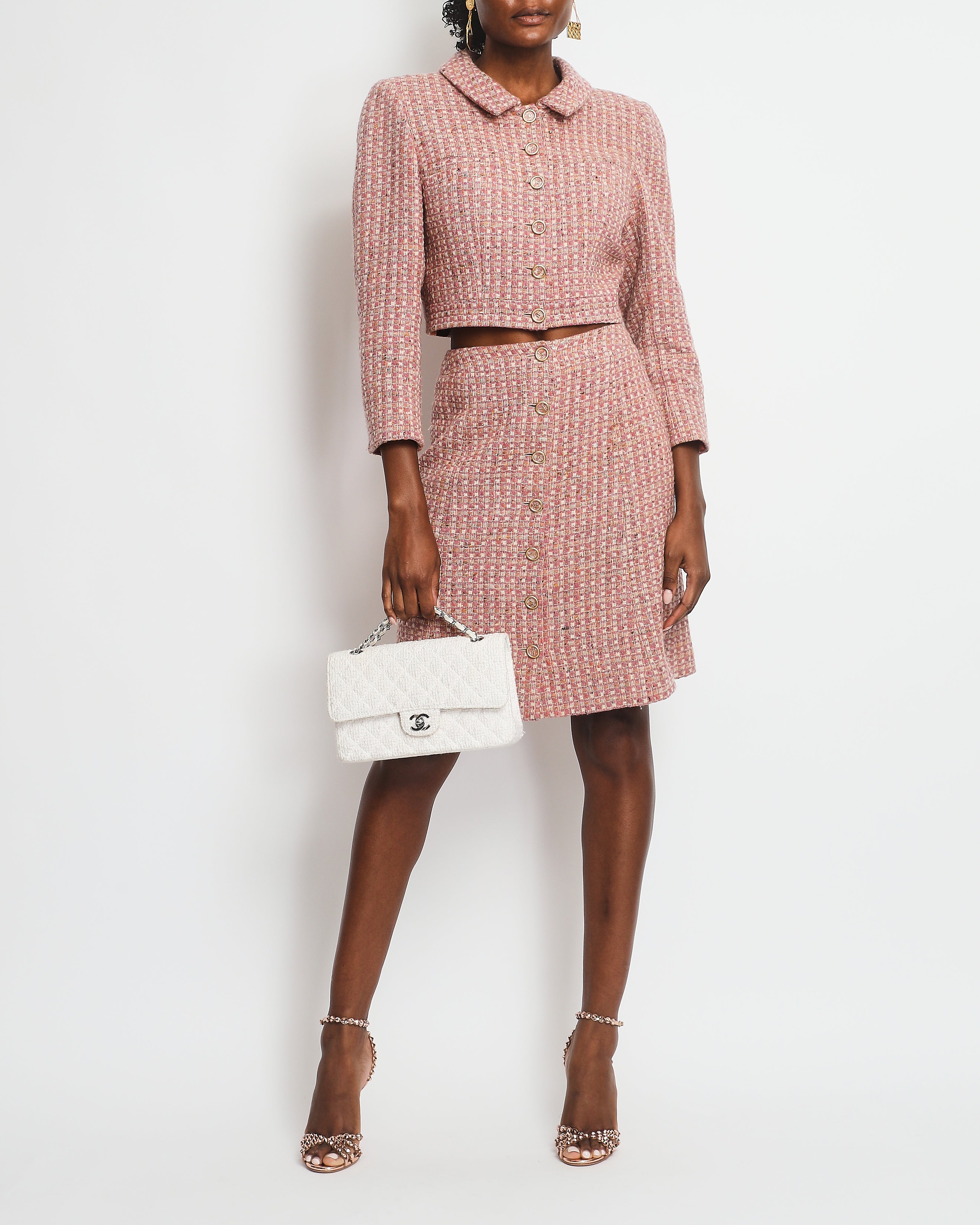 Chanel Blush Pink Tweed Cropped Jacket Midi Skirt Suit with Gold CC Logo Buttons Size FR 40 UK 12