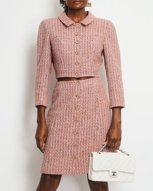 Chanel Blush Pink Tweed Cropped Jacket & Midi Skirt Suit with Gold CC Logo Buttons Size FR 40 (UK 12)