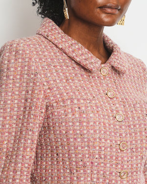 Chanel Blush Pink Tweed Cropped Jacket & Midi Skirt Suit with Gold CC Logo Buttons Size FR 40 (UK 12)