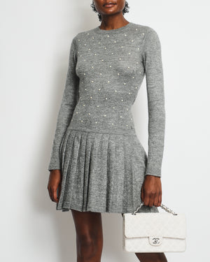 Chanel Grey Mohair Blend Knee Length Pleated Long Sleeve Dress with Pearls Size FR 38 (UK 10)