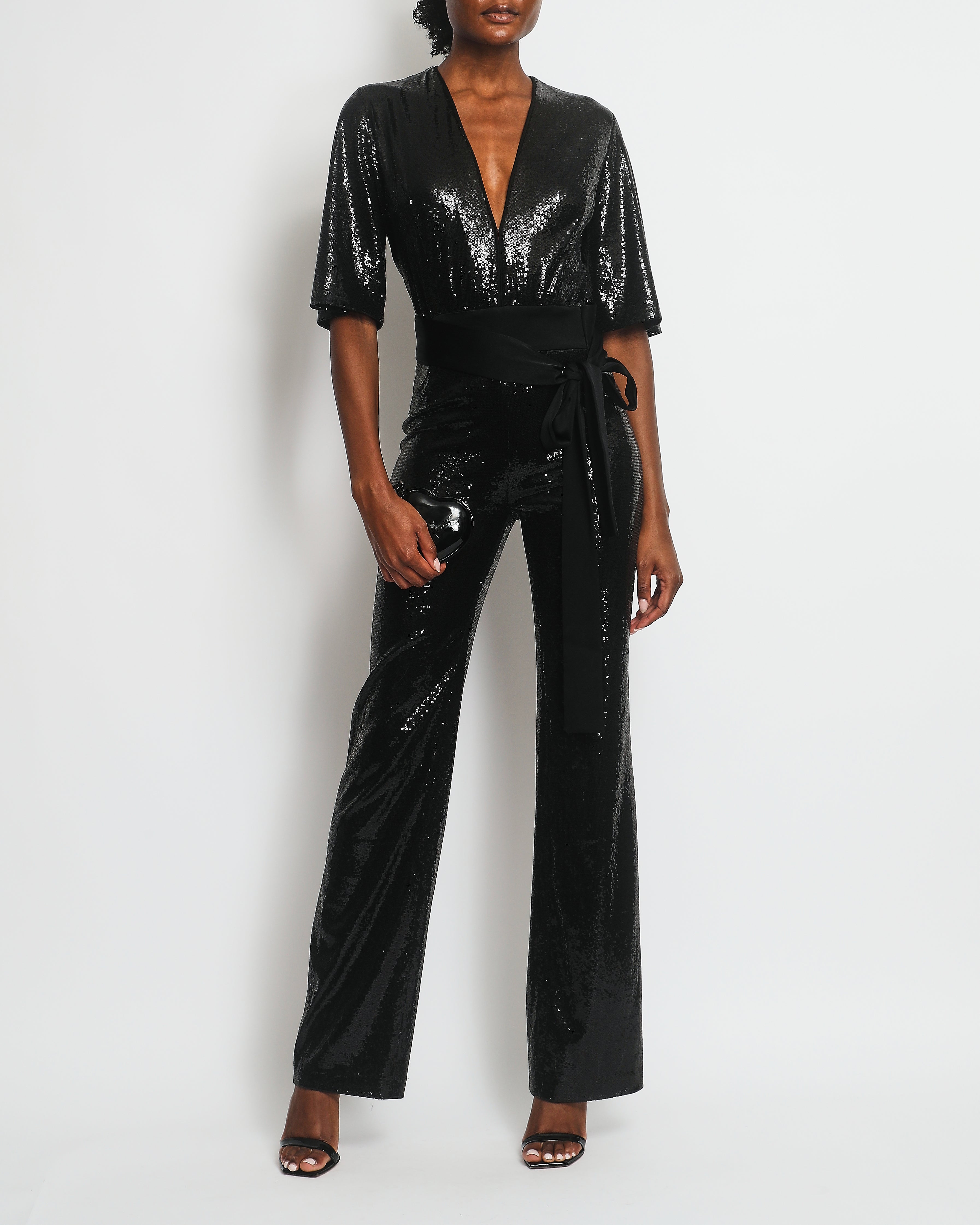 Galvan London Black Sequin V Neck Jumpsuit FR 36 UK 8 Sellier