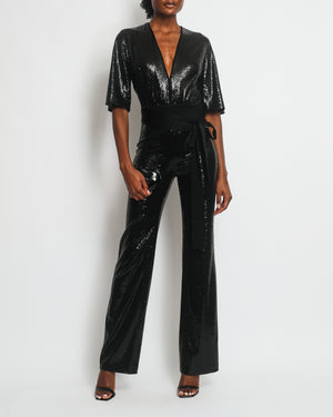 Galvan London Black Sequin V-Neck Jumpsuit FR 36 (UK 8)