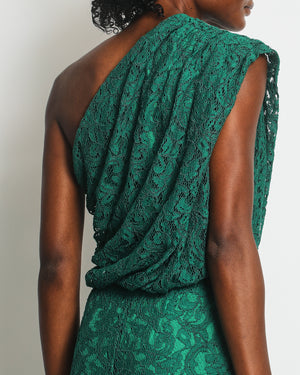 Carolina Herrera Emerald Green One Shoulder Lace Maxi Dress Size US 4 (UK 8)