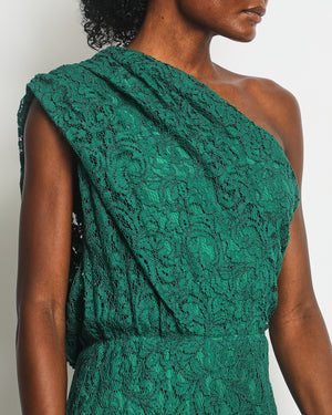 Carolina Herrera Emerald Green One Shoulder Lace Maxi Dress Size US 4 (UK 8)