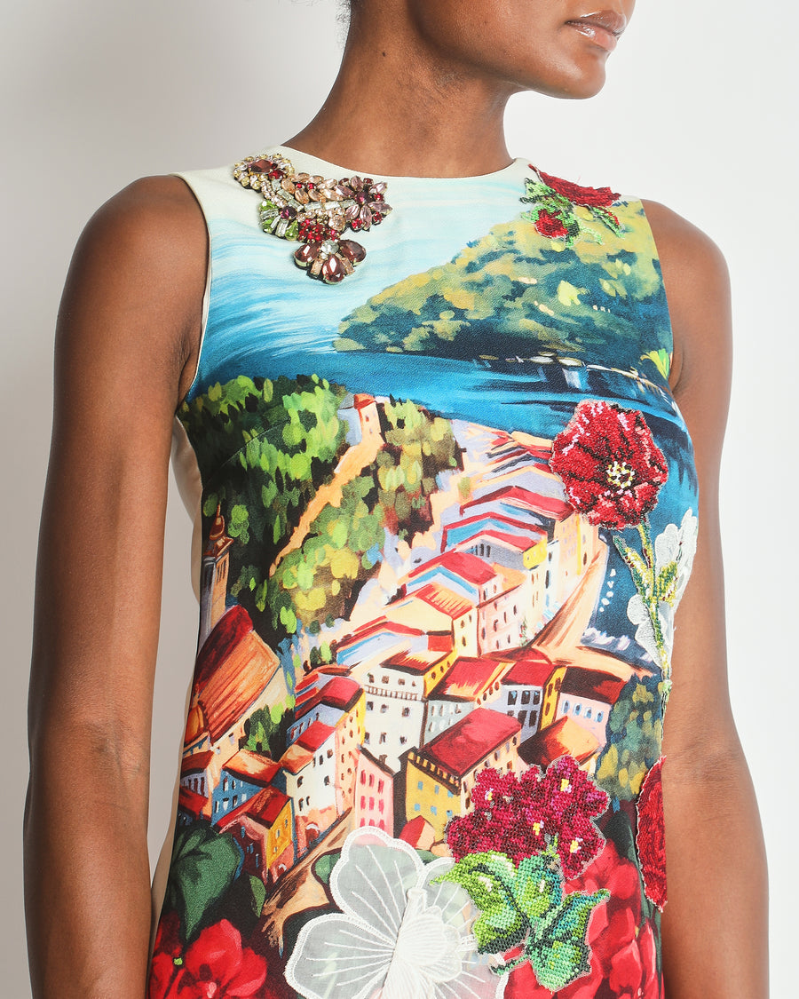 Dolce & Gabbana Multicolour Portofino Postcard Silk Dress with Crystal Details Size IT 40-42 (UK 8-10) RRP £2,550