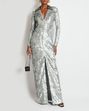 *HOT* Louis Vuitton Silver Sequin Long V-Neck Embroidered Dress Size FR 38 (UK 10) RRP £13,200