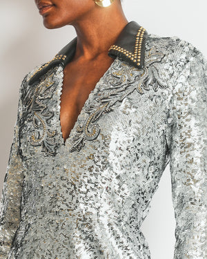 *HOT* Louis Vuitton Silver Sequin Long V-Neck Embroidered Dress Size FR 38 (UK 10) RRP £13,200