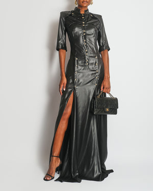 Balmain Black Leather Effect Maxi Dress with Gold Button Details Size FR 38 (UK 10)