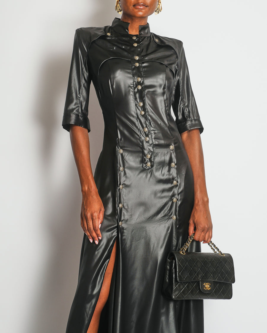 Balmain Black Leather Effect Maxi Dress with Gold Button Details Size FR 38 (UK 10)