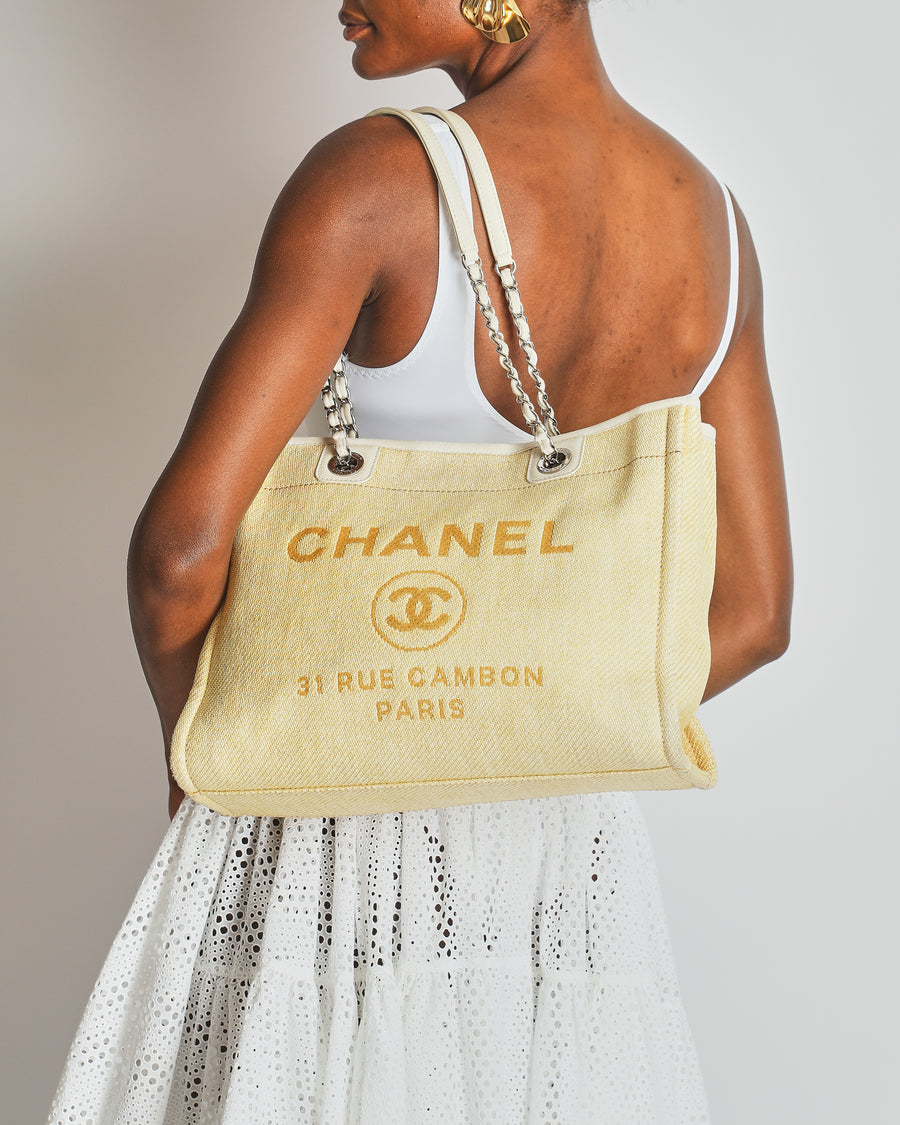 Chanel Yellow Raffia Small Deauville Tote Bag with Silver Hardware