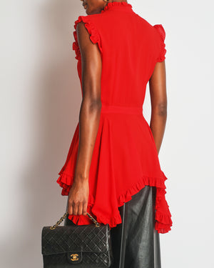 Alexander McQueen Red Silk Sleeveless Ruffle Asymmetric Top Size IT 42 (UK 10)