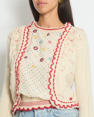 Chanel 05/C Ivory and Red Cardigan Top Set with Eyelet and Crochet Detail FR 38 (UK 10)