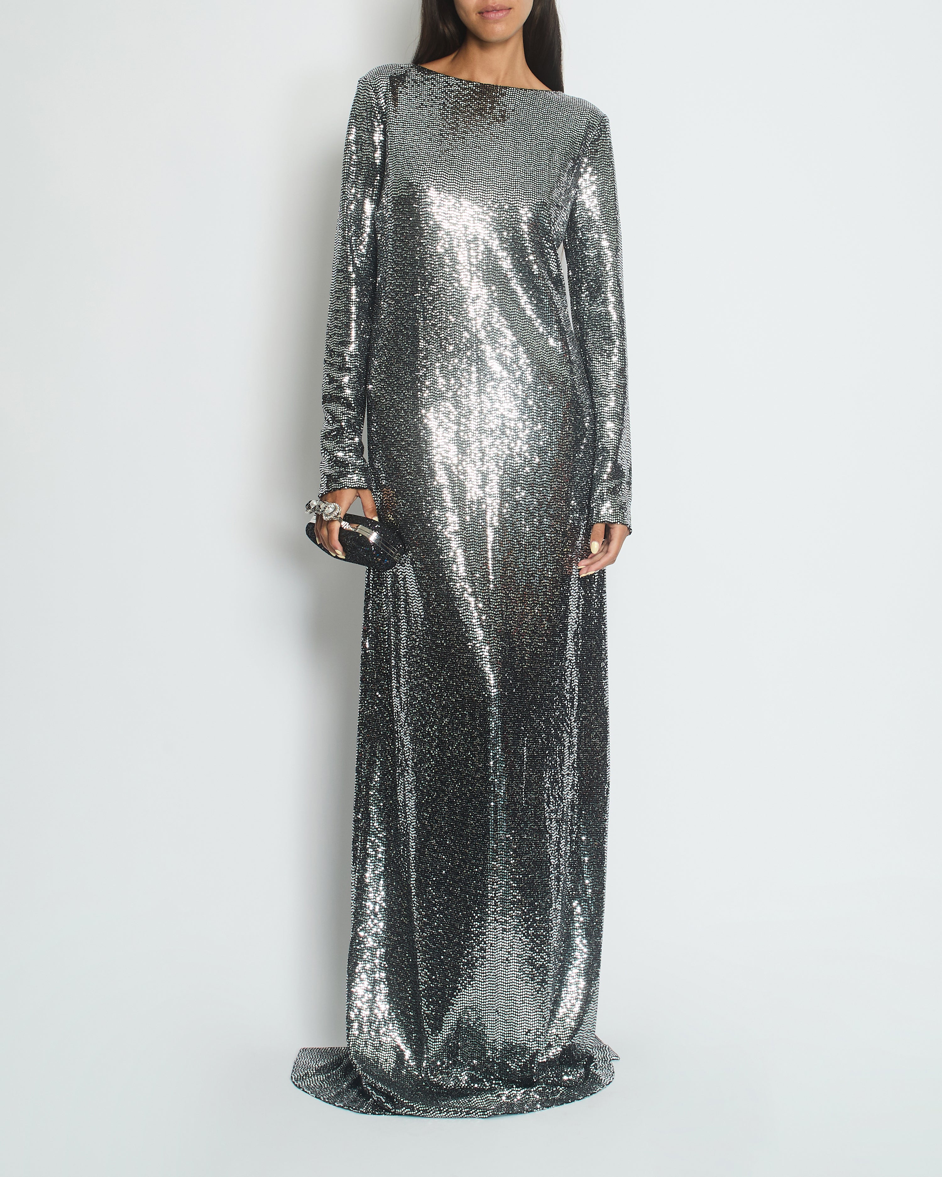 Gucci Silver Sequin Split Long Sleeve Maxi Dress with Patent Leather S Sellier