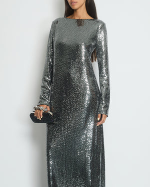 Gucci Silver Sequin Split Long Sleeve Maxi Dress with Patent Leather Strap Detail IT 42/44 (UK 10/12)