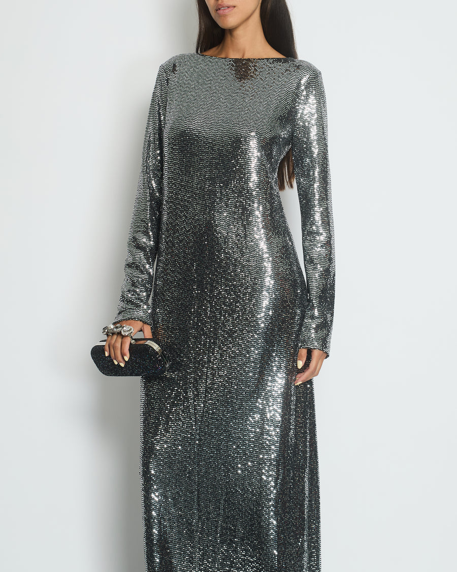 Gucci Silver Sequin Split Long Sleeve Maxi Dress with Patent Leather Strap Detail IT 42/44 (UK 10/12)