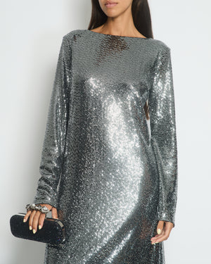 Gucci Silver Sequin Split Long Sleeve Maxi Dress with Patent Leather Strap Detail IT 42/44 (UK 10/12)