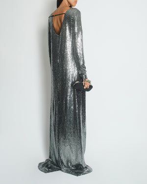 Gucci Silver Sequin Split Long Sleeve Maxi Dress with Patent Leather Strap Detail IT 42/44 (UK 10/12)