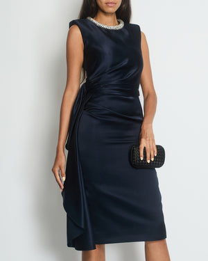 Alexander McQueen Navy Silk Midi Dress with Ruching and Silver Diamante Neck Detail Size IT 38 (UK 6)