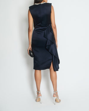 Alexander McQueen Navy Silk Midi Dress with Ruching and Silver Diamante Neck Detail Size IT 38 (UK 6)