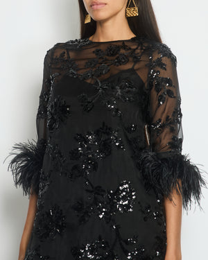 Erdem Black Silk Embellished Mini Dress with Cropped Sleeves and Feather Cuff Detail IT 40 (UK 8)