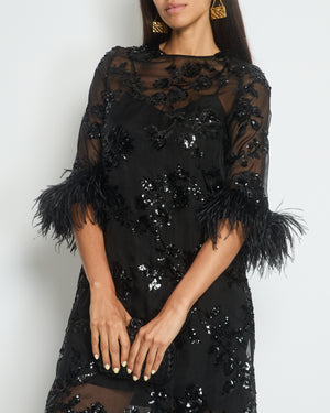 Erdem Black Silk Embellished Mini Dress with Cropped Sleeves and Feather Cuff Detail IT 40 (UK 8)