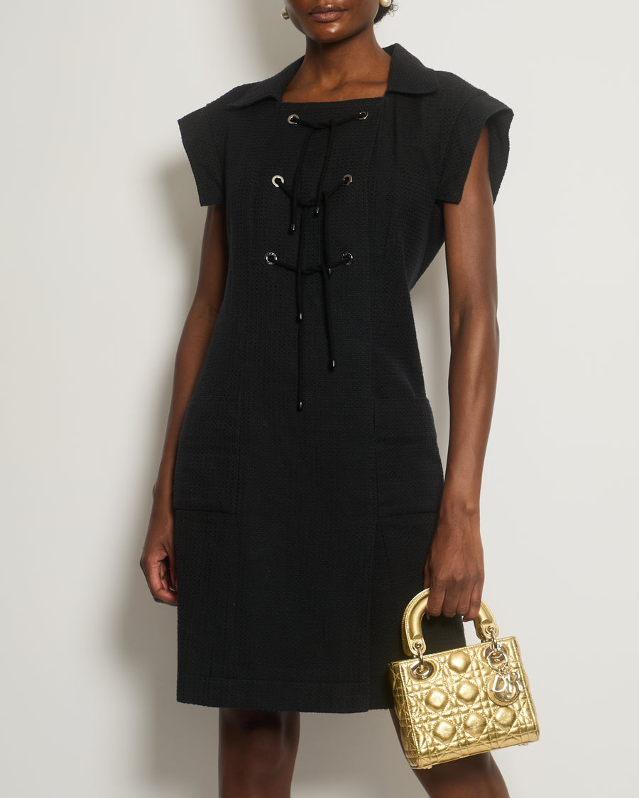 Chanel 07C Black Tweed Short-Sleeve Dress with Eyelet Tie Detail Size FR 42 (UK 14)