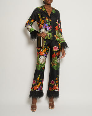 Borgo De Nor Black and Multi-Colour Jungle Print Trousers and Jacket Silk Set with Ostrich Feather Sleeve Detail Size UK 6